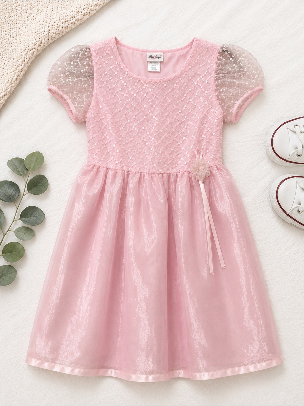 Rose Cottage Vintage Style Pink Girls' Party Dress with Sheer Puff Sleeves